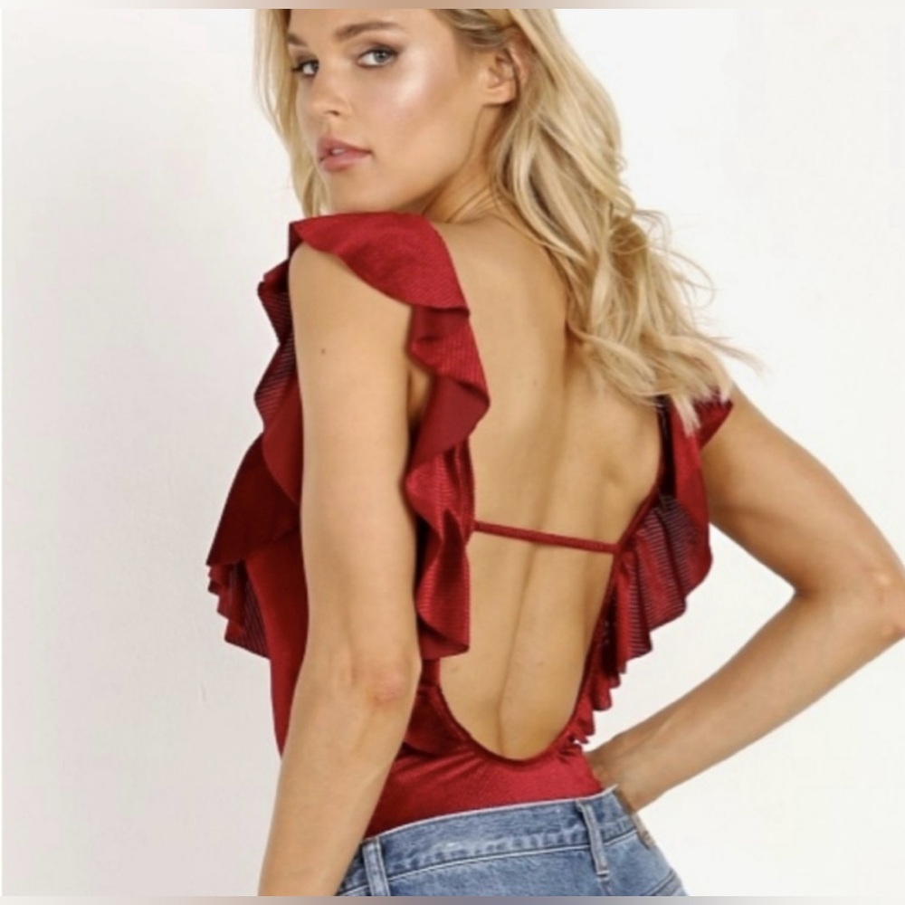 Elegant Red Ruffled Velvet Boho Bodysuit